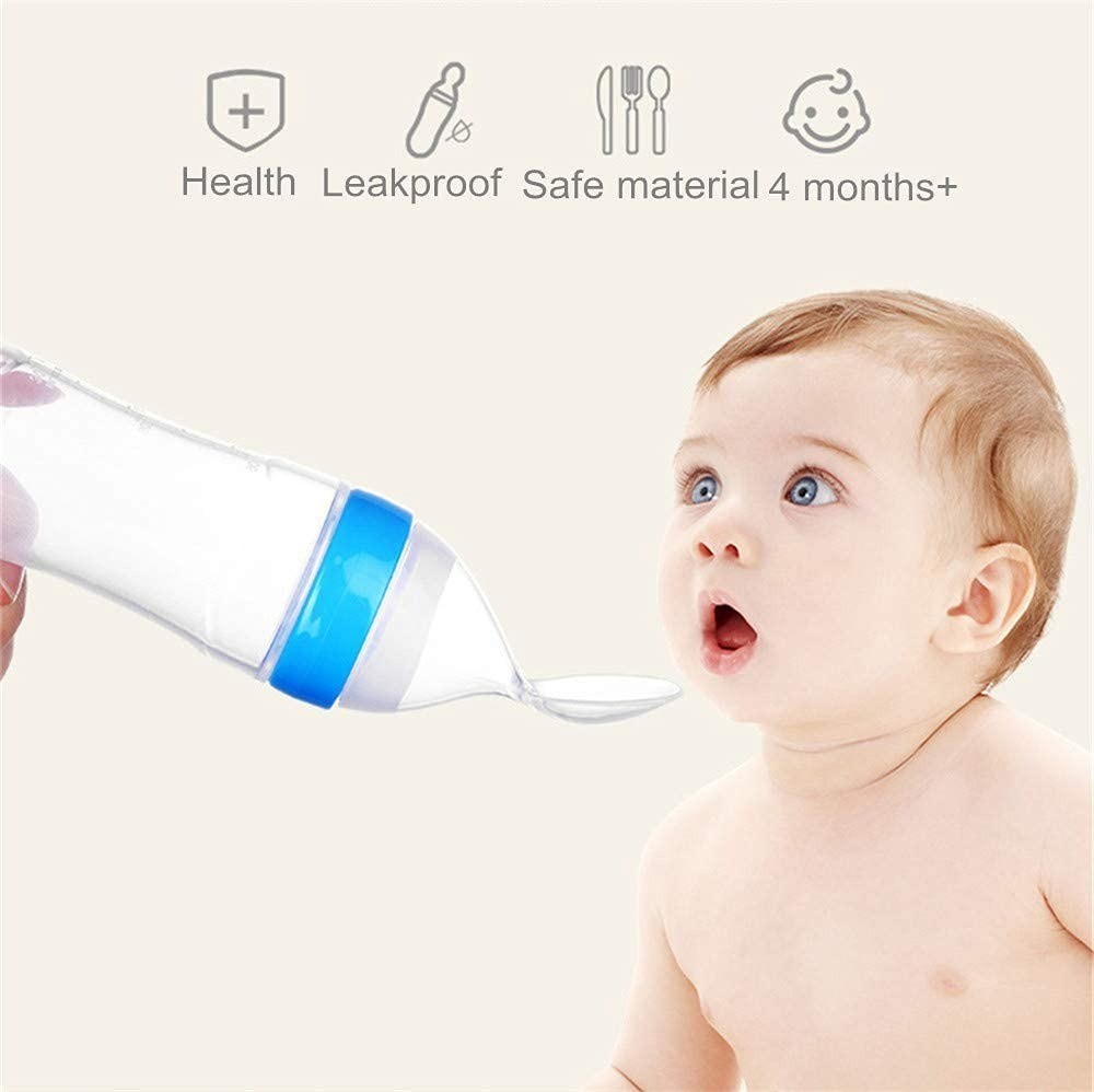 Silicone Baby Food Dispensing Feeder with Spoon, Travel Baby Training Bottle with Spoon Soft Head Baby Feeding Tools Kids (Blue, 90ml)